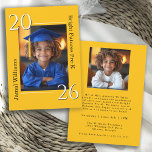 Simple Modern Pre-K 2-Photo Graduation Celebration Aankondiging<br><div class="desc">Celebrate a proud milestone with this cheerful Pre-K Graduation Photo Announcement and Celebration Invitation. Featuring a bright golden background and a joyful graduation portrait, this modern announcement beautifully commemorates your child’s preschool achievement while inviting family and friends to celebrate the big moment. The front of the card showcases your graduate...</div>