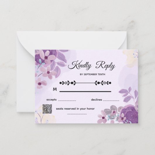 Simple Modern Purple Floral Wedding RSVP Card Notitiekaartje (Voorkant)