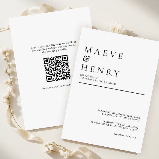 Simple Modern QR Code Minimalist Wedding Kaart