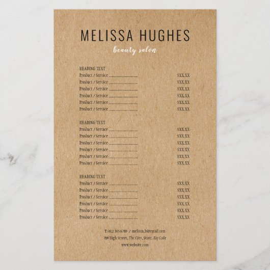 Simple Modern Rustic Kraft Salon Service Menu (Voorkant)
