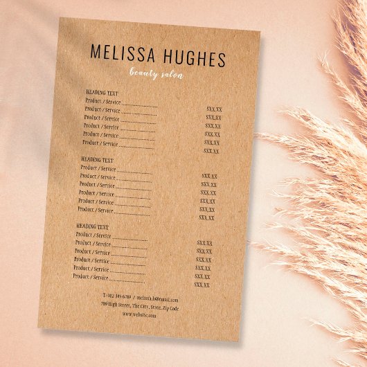 Simple Modern Rustic Kraft Salon Service Menu