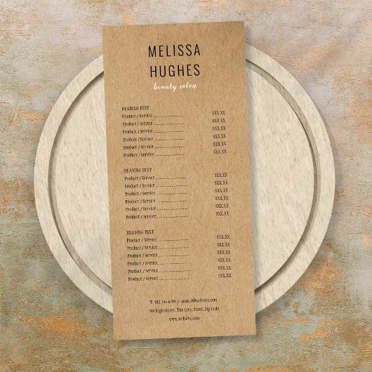 Simple Modern Rustic Kraft Salon Service Menu