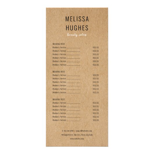 Simple Modern Rustic Kraft Salon Service Menu (Voorkant)