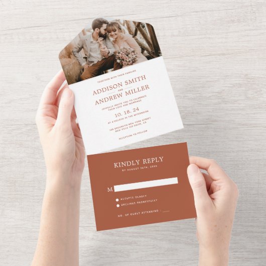 Simple Modern Rustic Terracotta Photo RSVP Wedding All In One Uitnodiging (Afscheurbaar)