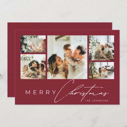 Simple Modern Script Photo Collage Red Christmas Feestdagenkaart (Voorkant / Achterkant)