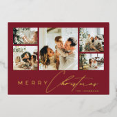 Simple Modern Script Photo Collage Red Christmas Folie Feestdagenkaart (Voorkant)