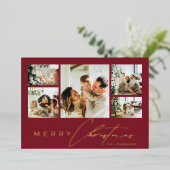 Simple Modern Script Photo Collage Red Christmas Folie Feestdagenkaart (Staand Voorkant)