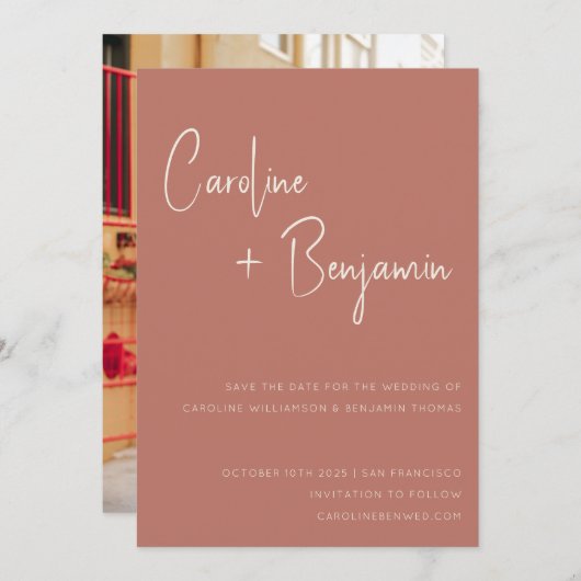 Simple Modern Terracotta Roos Script Weduwschap Save The Date (Voorkant / Achterkant)