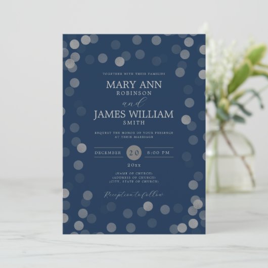 Simple Modern Wedding Silver Confetti Navy Kaart (Staand voorkant)