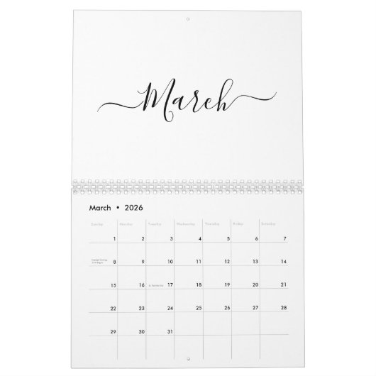 Simple modern white and black script month custom kalender (Mar 2026)