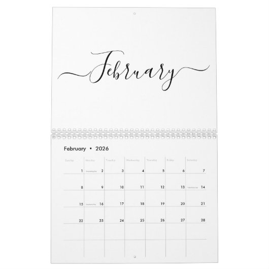 Simple modern white and black script month custom kalender (Feb 2026)