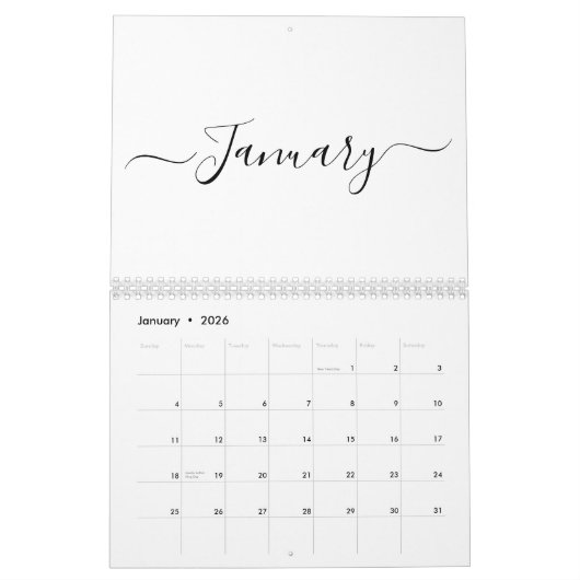 Simple modern white and black script month custom kalender (Jan 2026)