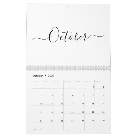 Simple modern white and black script month custom kalender (Okt 2027)