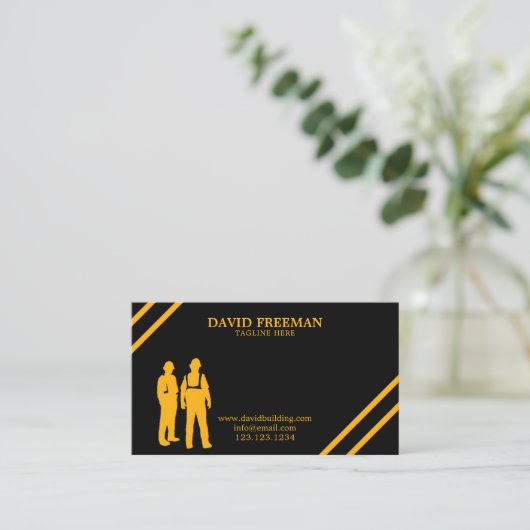 Simple Modern Yellow & Black Construction Manager Visitekaartje (Staand voorkant)