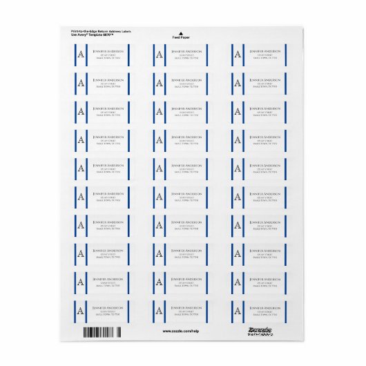 Simple Moderne Blue Lines Initiaal Address Etiket (Full Sheet)