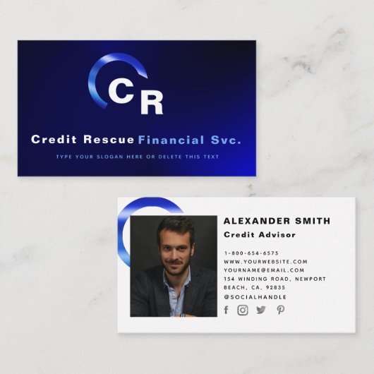 Simple Moderne Blue Logo Credit Professional Foto Visitekaartje (Voorkant / Achterkant)