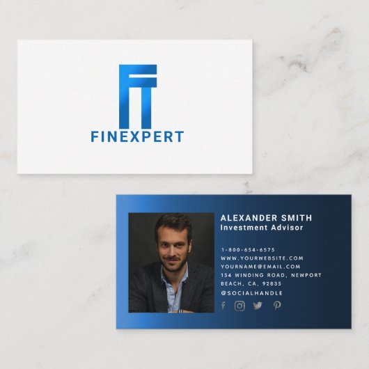 Simple Moderne Blue Logo Finance Professional Foto Visitekaartje (Voorkant / Achterkant)