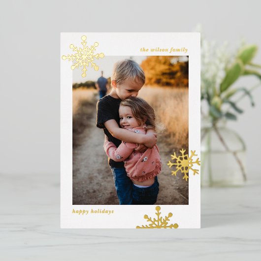 Simple Moderne Cute Snowflake Photo Folie Feestdagenkaart (Staand Voorkant)