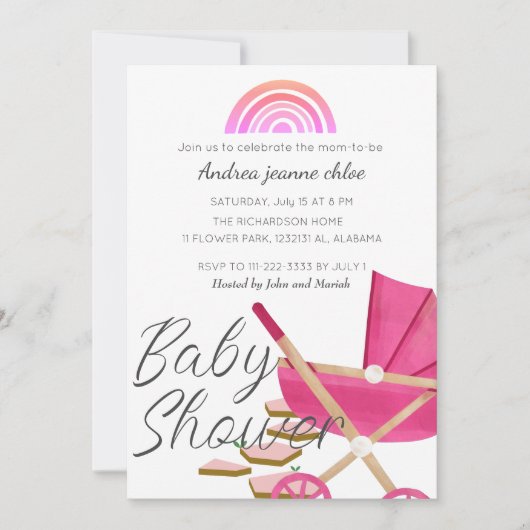 Simple Moderne Rainbow roze stroller Baby shower Kaart (Voorkant)