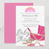 Simple Moderne Rainbow roze stroller Baby shower Kaart (Voorkant / Achterkant)
