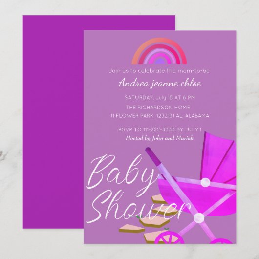 Simple Moderne Rainbow roze stroller Baby shower Kaart (Voorkant / Achterkant)