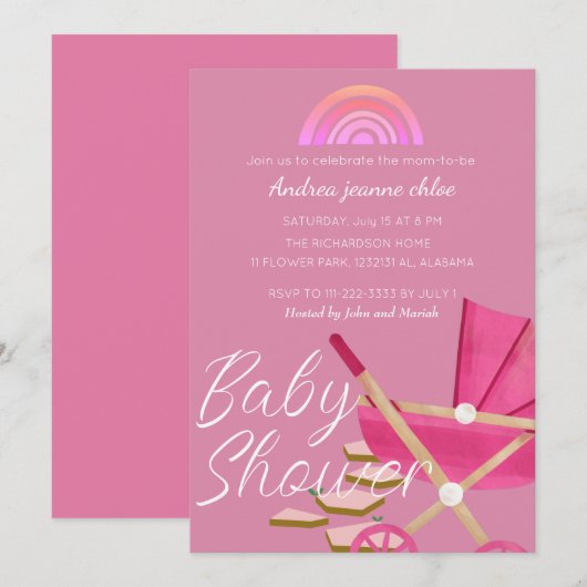 Simple Moderne Rainbow roze stroller Baby shower Kaart (Voorkant / Achterkant)