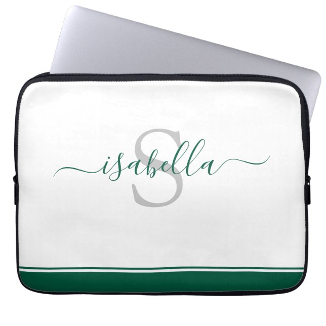 Simple Moderne Script Monogram Emerald Green Laptop Sleeve (Voorkant)