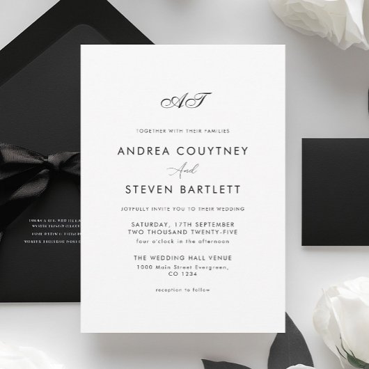 Simple Monogram Black and White Wedding Kaart