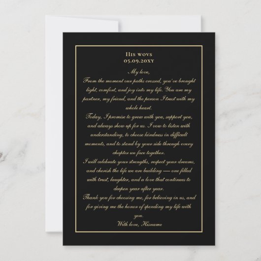 Simple Monogram Black Gold Wedding Vow Card Kaart (Voorkant)