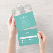 Simple Monogram Blauwgroen Photo Weddenschap All In One Uitnodiging (Afscheurbaar)