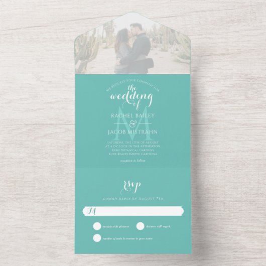 Simple Monogram Blauwgroen Photo Weddenschap All In One Uitnodiging (Binnen)