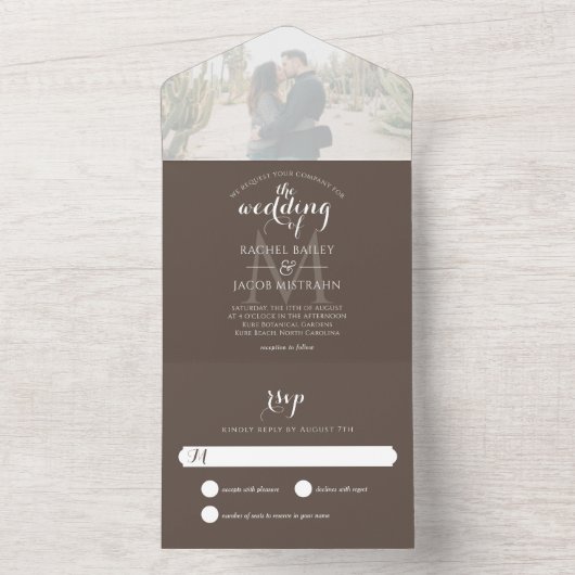 Simple Monogram Brown Photo Weddenschap All In One Uitnodiging (Binnen)