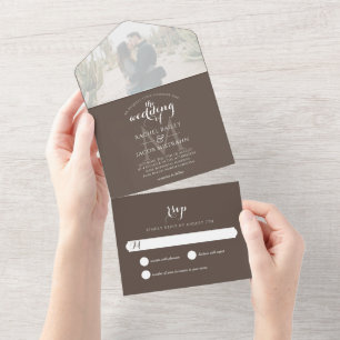 Simple Monogram Brown Photo Weddenschap All In One Uitnodiging