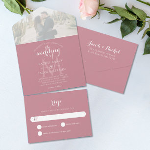 Simple Monogram Dusty Roos Photo Wedding All In One Uitnodiging