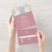 Simple Monogram Dusty Roos Photo Wedding All In One Uitnodiging (Afscheurbaar)