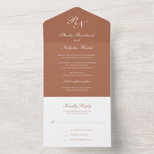 Simple Monogram Elegant Terracotta Wedding All In One Uitnodiging (Binnen)