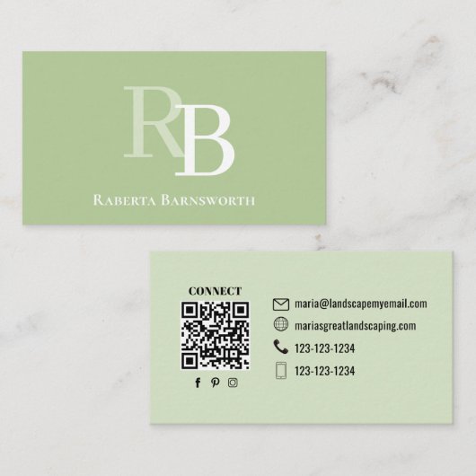Simple Monogram Green QR Code | Connect with Me Visitekaartje (Voorkant / Achterkant)