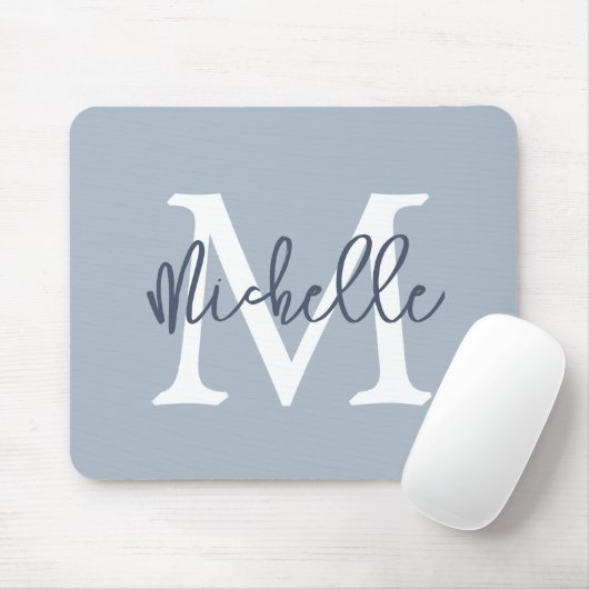 Simple Monogram Name Initiaal Script Dusty Blue Muismat (Met muis)