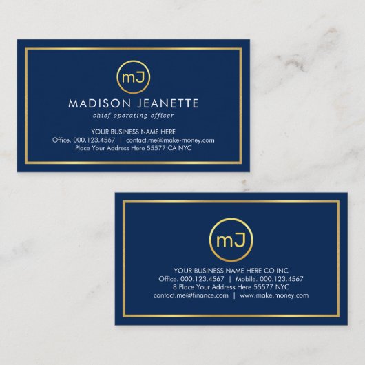 Simple Monogram On Gold Frame Blue Layer Visitekaartje (Voorkant / Achterkant)
