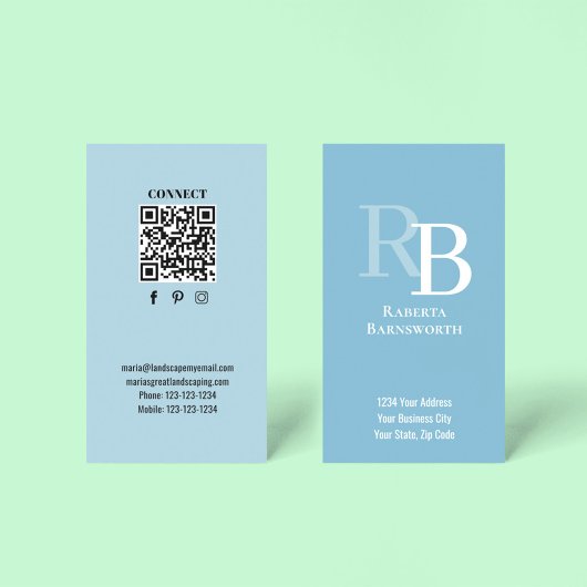 Simple Monogram QR Code Blue | Connect with Me Visitekaartje