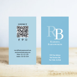 Simple Monogram QR Code Blue | Connect with Me Visitekaartje