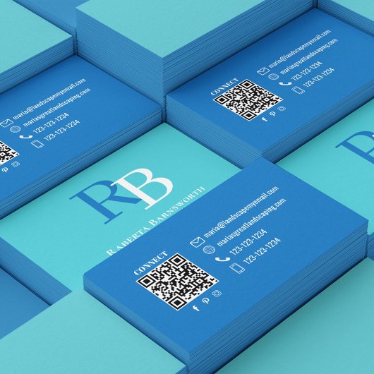 Simple Monogram QR Code Blue | Connect with Me Visitekaartje