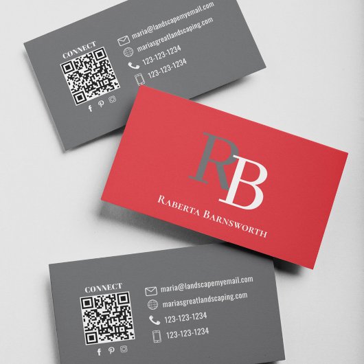Simple Monogram QR Code Red | Connect with Me Visitekaartje