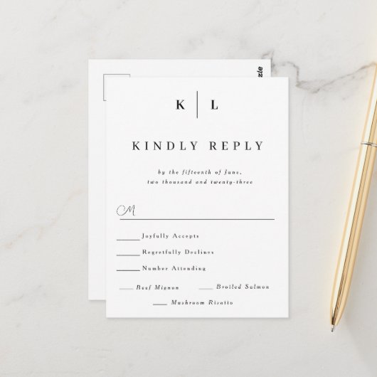 Simple Monogram Weddenschap RSVP Card Briefkaart (Voorkant / Achterkant in situ)