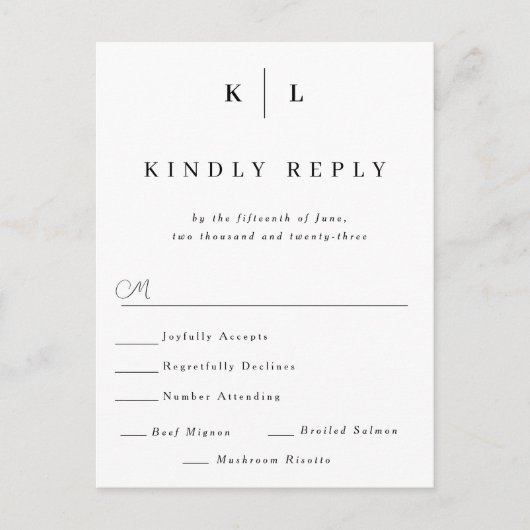 Simple Monogram Weddenschap RSVP Card Briefkaart (Voorkant)