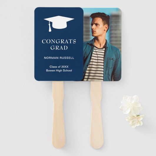 Simple Mortar Board Navy Blue Photo Afstuderen Handwaaier (Voorkant en achterkant)