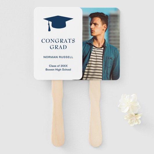 Simple Mortar Board Navy Blue Photo Afstuderen Handwaaier (Voorkant en achterkant)