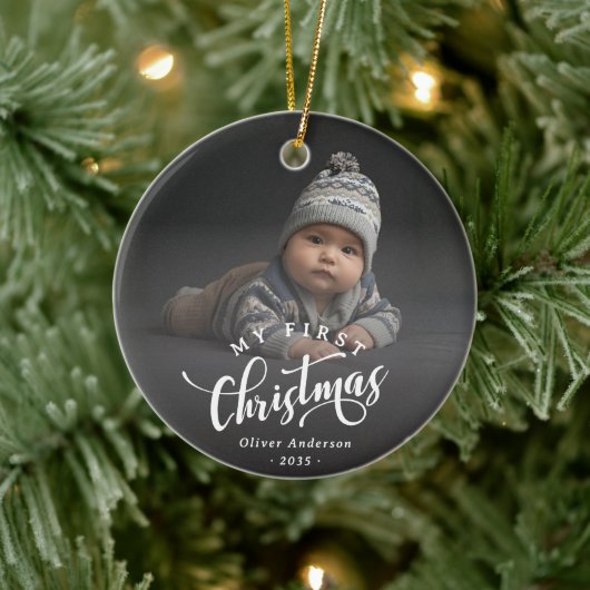 Simple My First Christmas Calligraphy Script Photo Keramisch Ornament (Boom)