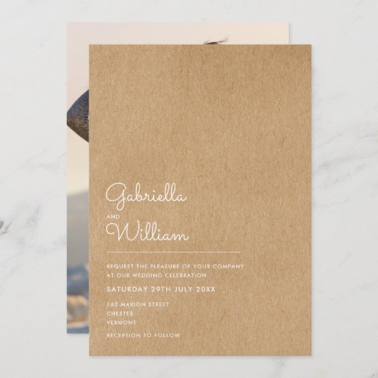 Simple Natural Script Rustic Kraft Photo Wedding Kaart (Voorkant / Achterkant)
