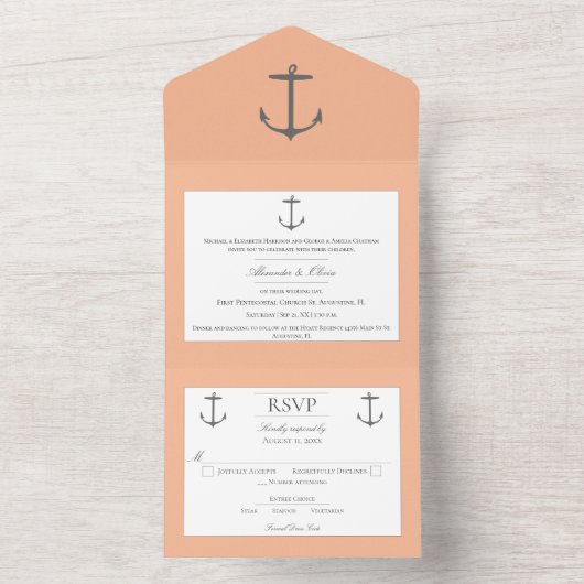 Simple Nautical Anchor Wedding | Peach All In One Uitnodiging (Binnen)